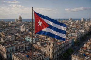 Montagem fotográfica editorial mostra vista semiaérea de Havana com bandeira de Cuba hasteada em destaque, em contexto jornalístico.