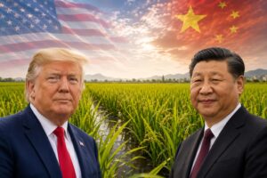 Montagem fotográfica ultra-realista gerada por IA mostra Donald Trump e Xi Jinping diante de lavoura de arroz, com bandeiras dos Estados Unidos e da China projetadas no céu.