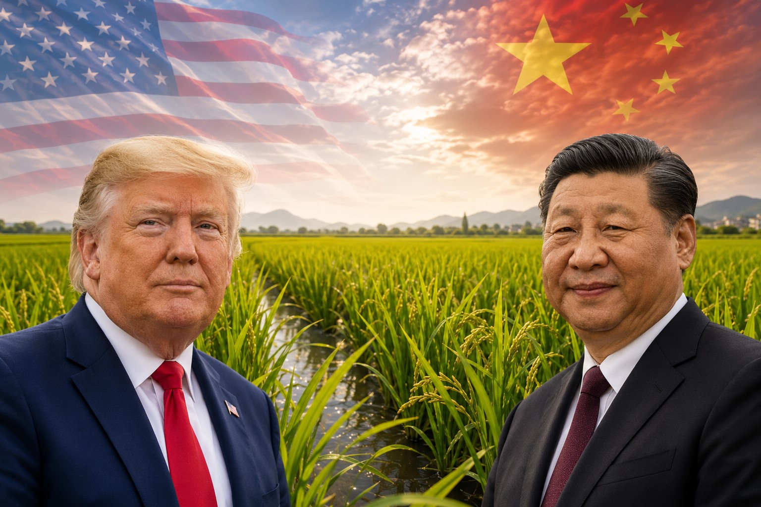 Montagem fotográfica ultra-realista gerada por IA mostra Donald Trump e Xi Jinping diante de lavoura de arroz, com bandeiras dos Estados Unidos e da China projetadas no céu.