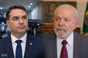 Montagem fotográfica gerada por IA representa Flávio Bolsonaro e Lula em composição editorial sobre pesquisa eleitoral.