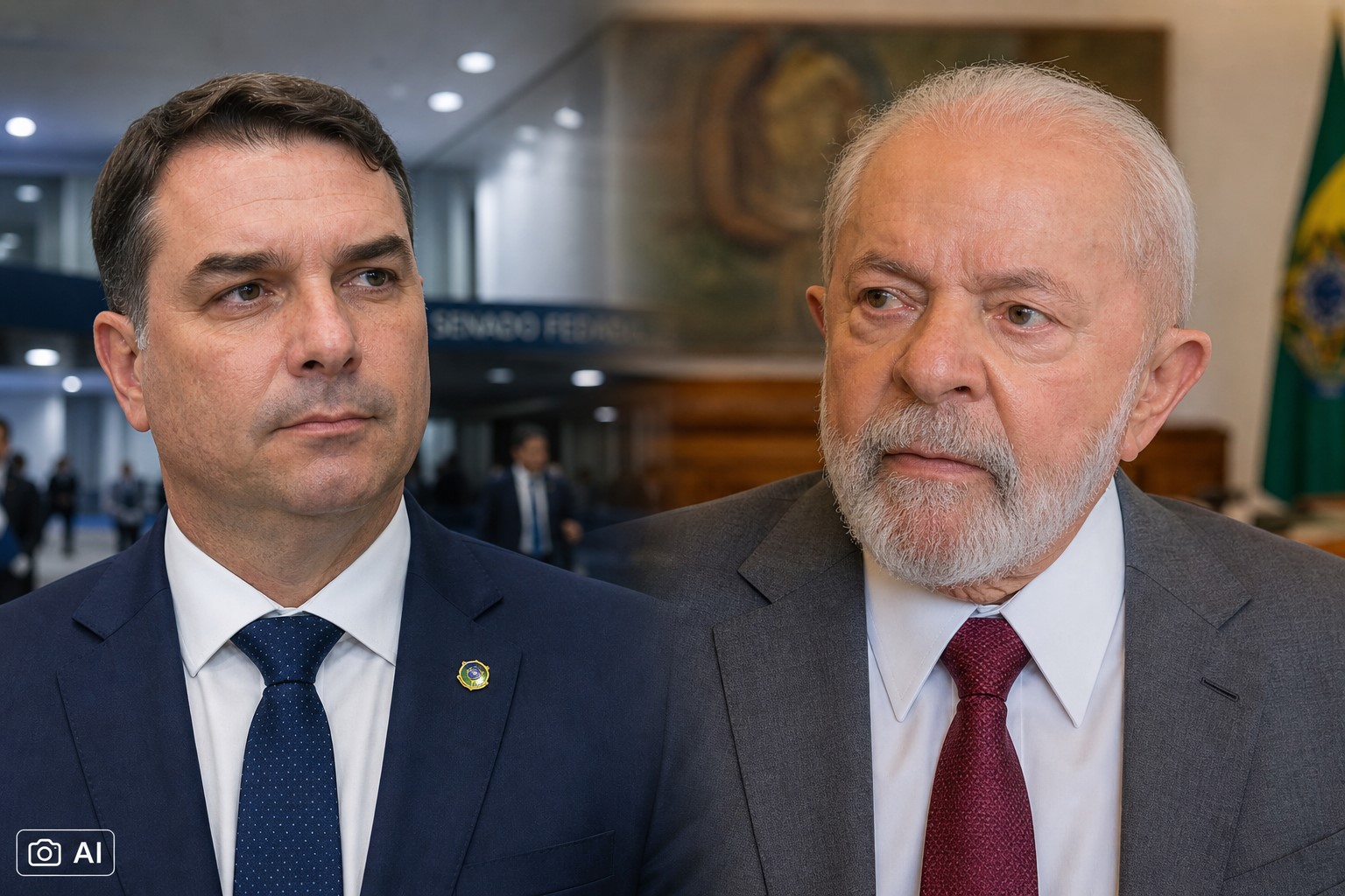 Montagem fotográfica gerada por IA representa Flávio Bolsonaro e Lula em composição editorial sobre pesquisa eleitoral.