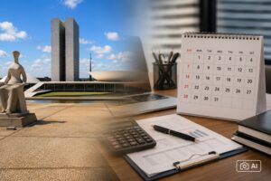 Montagem fotográfica gerada por IA mostrando a Praça dos Três Poderes à esquerda e uma mesa de escritório com calendário e objetos de trabalho à direita.