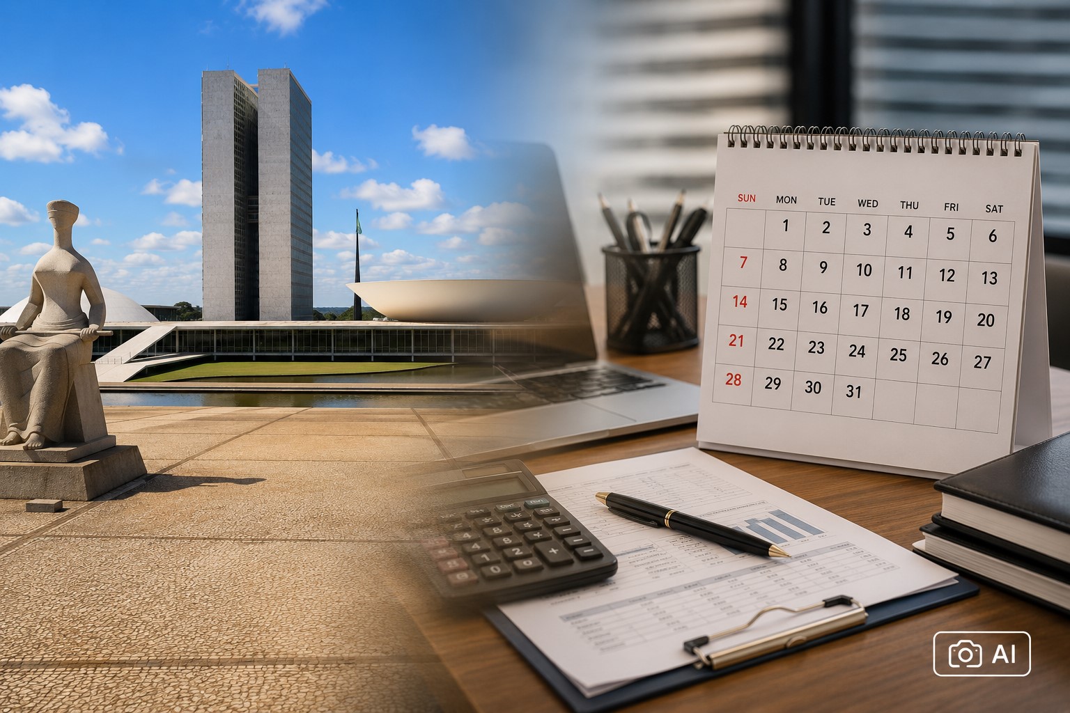 Montagem fotográfica gerada por IA mostrando a Praça dos Três Poderes à esquerda e uma mesa de escritório com calendário e objetos de trabalho à direita.