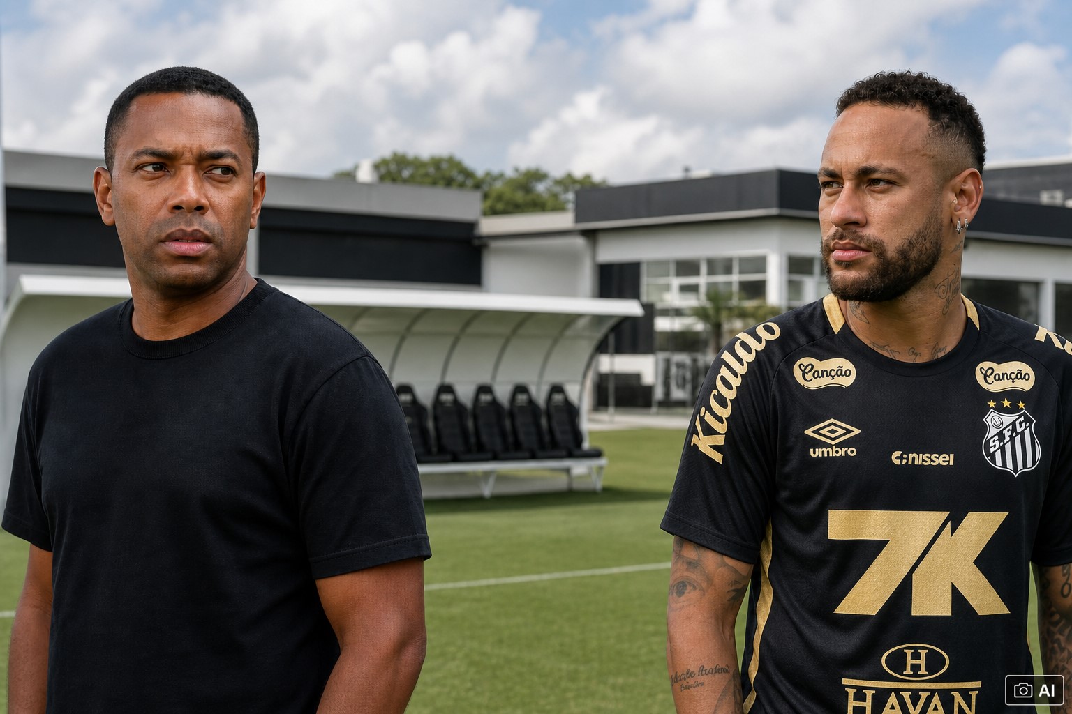 Montagem fotográfica gerada por IA representa Neymar e Robinho em contexto de notícia sobre episódio envolvendo Robinho Jr.