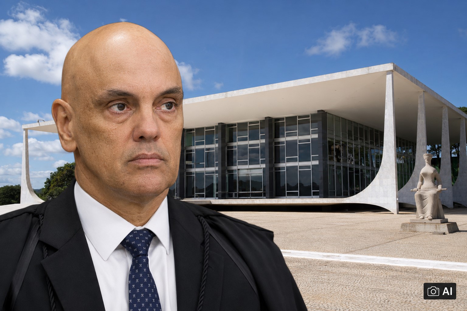 Montagem fotográfica editorial gerada por IA representa Alexandre de Moraes com a sede do STF ao fundo.