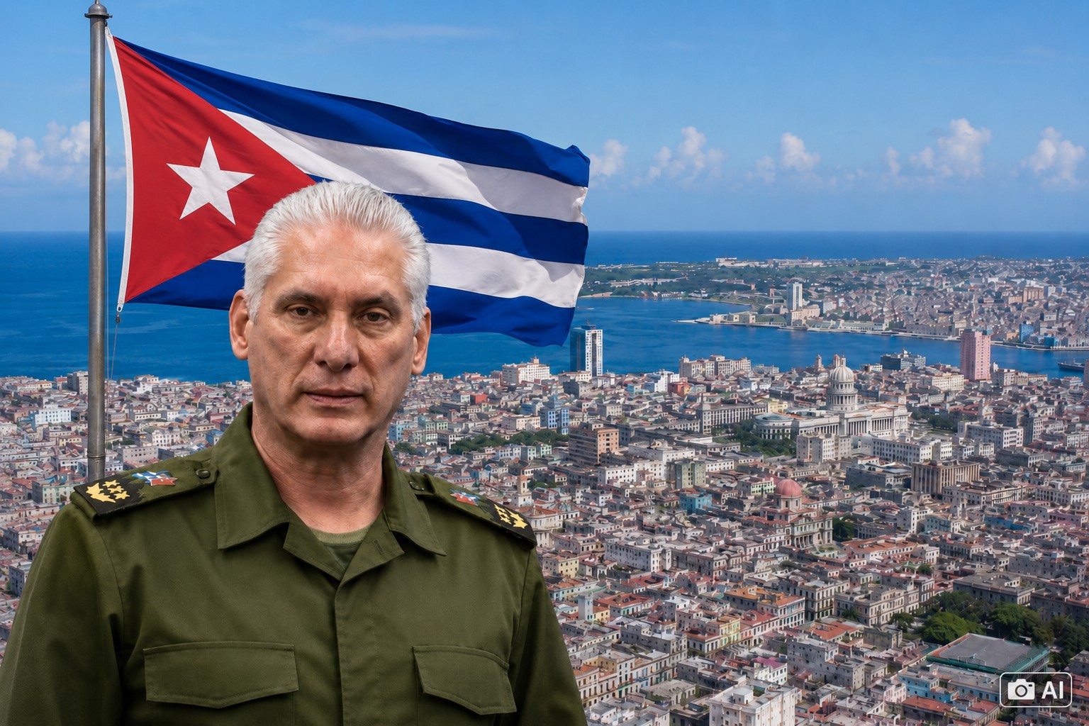 Montagem fotográfica gerada por IA mostra Miguel Díaz-Canel sobreposto a uma vista semiaérea de Havana, com a bandeira de Cuba ao fundo.