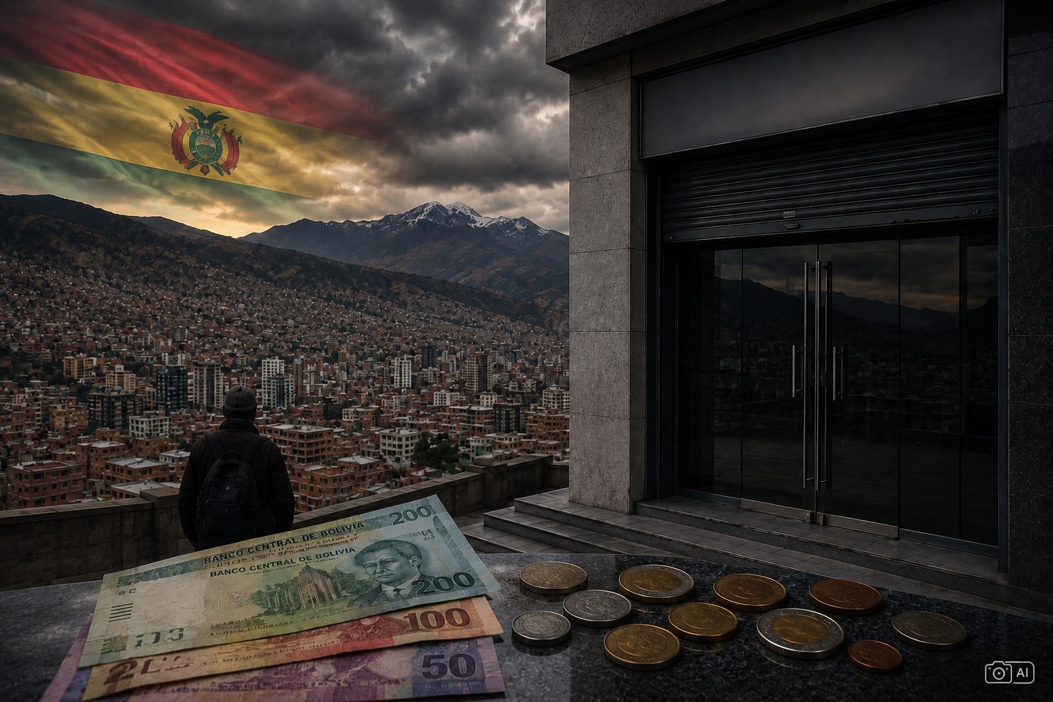 Montagem fotográfica editorial gerada por IA mostra La Paz com banco fechado e elementos financeiros da Bolívia.