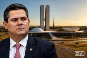 Imagem ultra-realista gerada por IA representa Davi Alcolumbre diante da Praça dos Três Poderes, em Brasília, durante cena diurna.