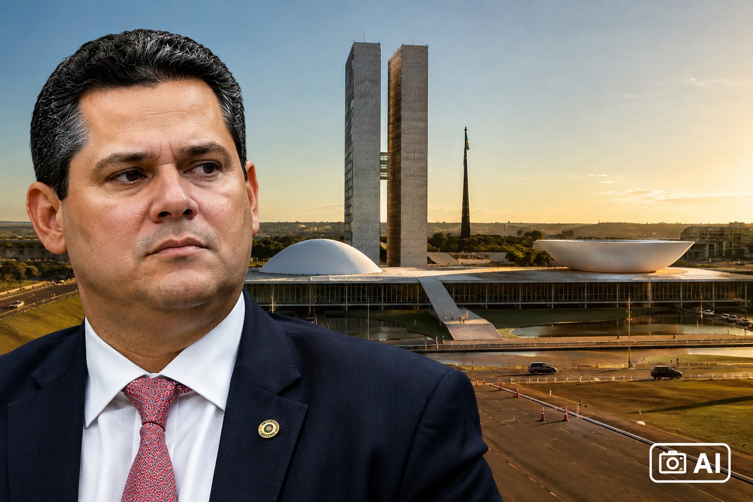 Imagem ultra-realista gerada por IA representa Davi Alcolumbre diante da Praça dos Três Poderes, em Brasília, durante cena diurna.
