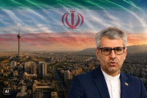 Montagem editorial mostra Esmail Baghaei em destaque sobre vista panorâmica de Teerã com a bandeira do Irã no céu.