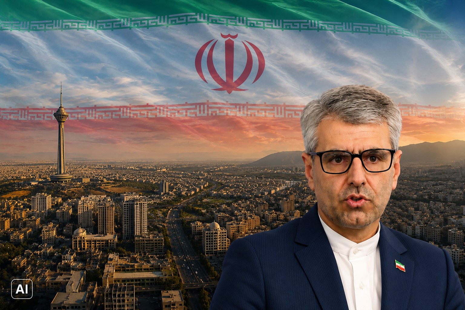Montagem editorial mostra Esmail Baghaei em destaque sobre vista panorâmica de Teerã com a bandeira do Irã no céu.