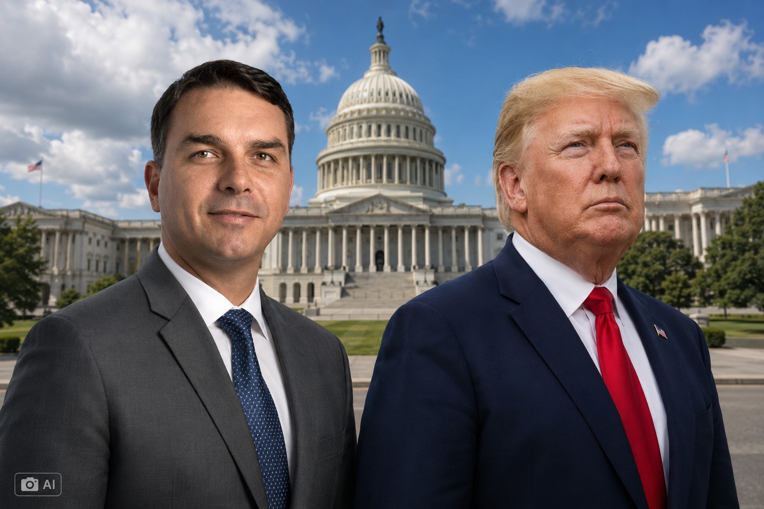 Montagem fotográfica gerada por IA mostra Flávio Bolsonaro e Donald Trump com o Capitólio dos Estados Unidos ao fundo.
