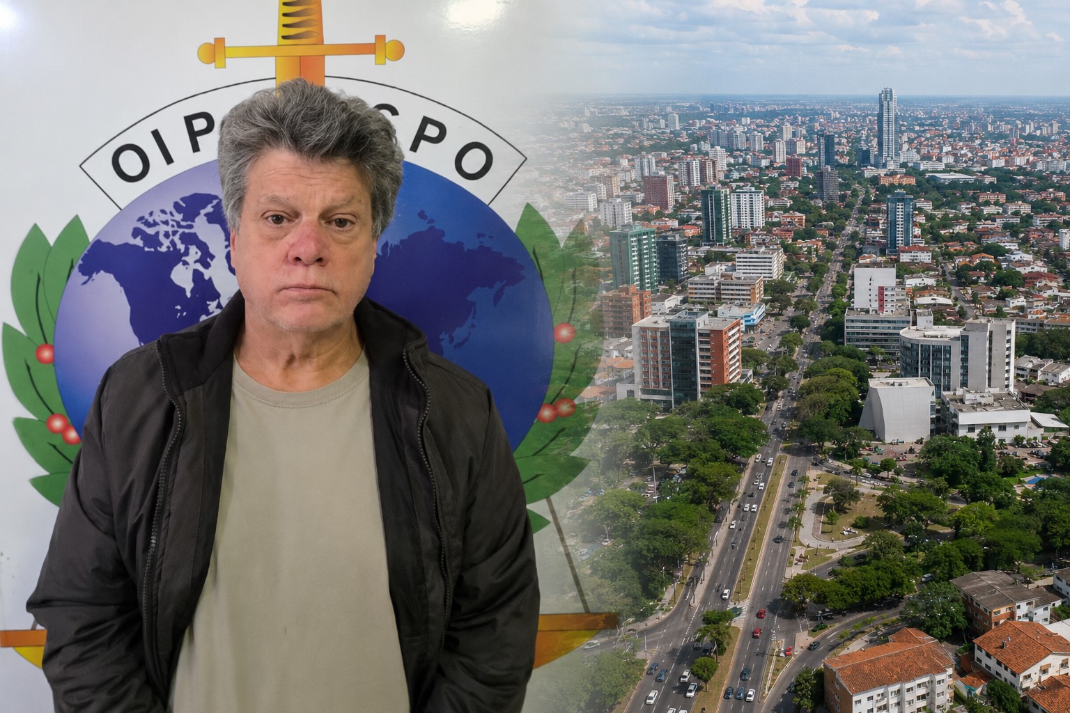 Montagem fotográfica mostra Gerson Palermo à esquerda e vista semiaérea de Santa Cruz de La Sierra, na Bolívia, à direita.