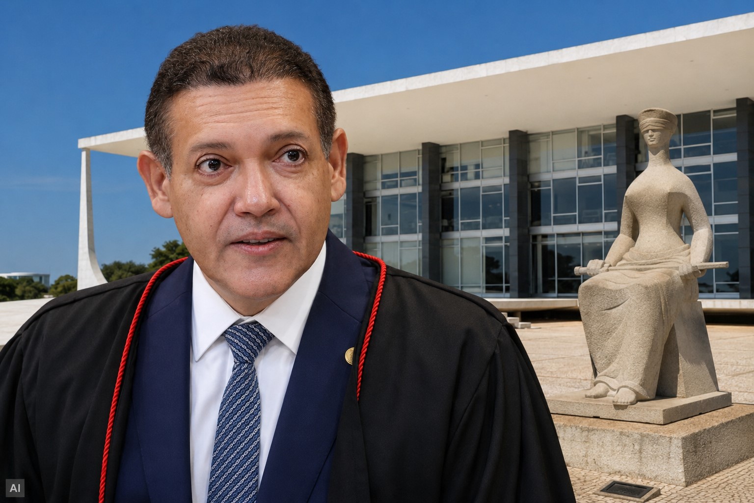 Ilustração fotográfica ultra-realista gerada por IA mostrando o ministro Kassio Nunes Marques em primeiro plano, com toga, diante da fachada do STF e da estátua da Justiça em Brasília.