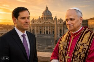 Montagem fotográfica ultrarrealista gerada por IA com Marco Rubio e Papa Leão XIV diante do Vaticano.
