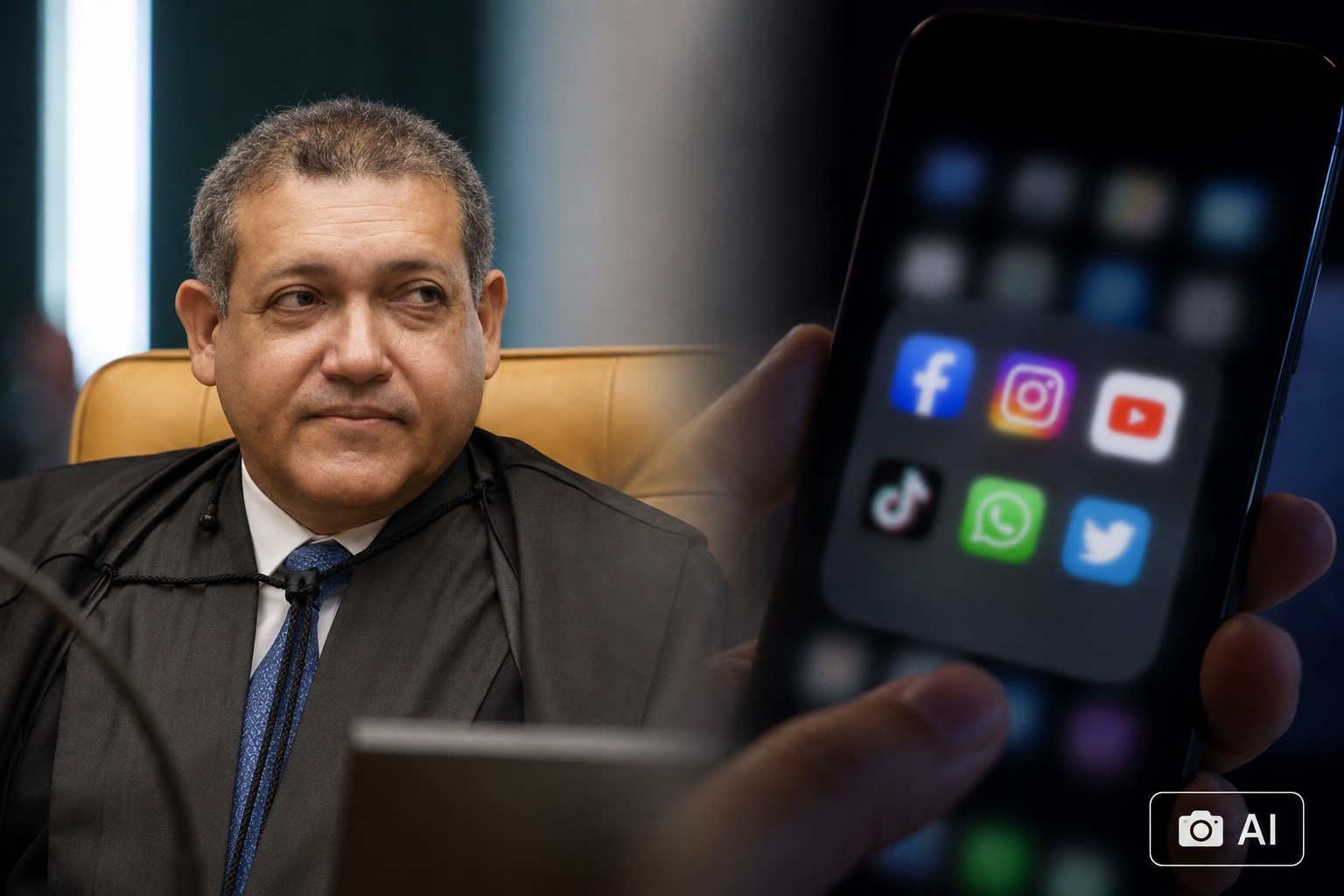 Ilustração fotográfica ultra-realista gerada por IA mostra Kassio Nunes Marques e ícones de redes sociais em smartphone.