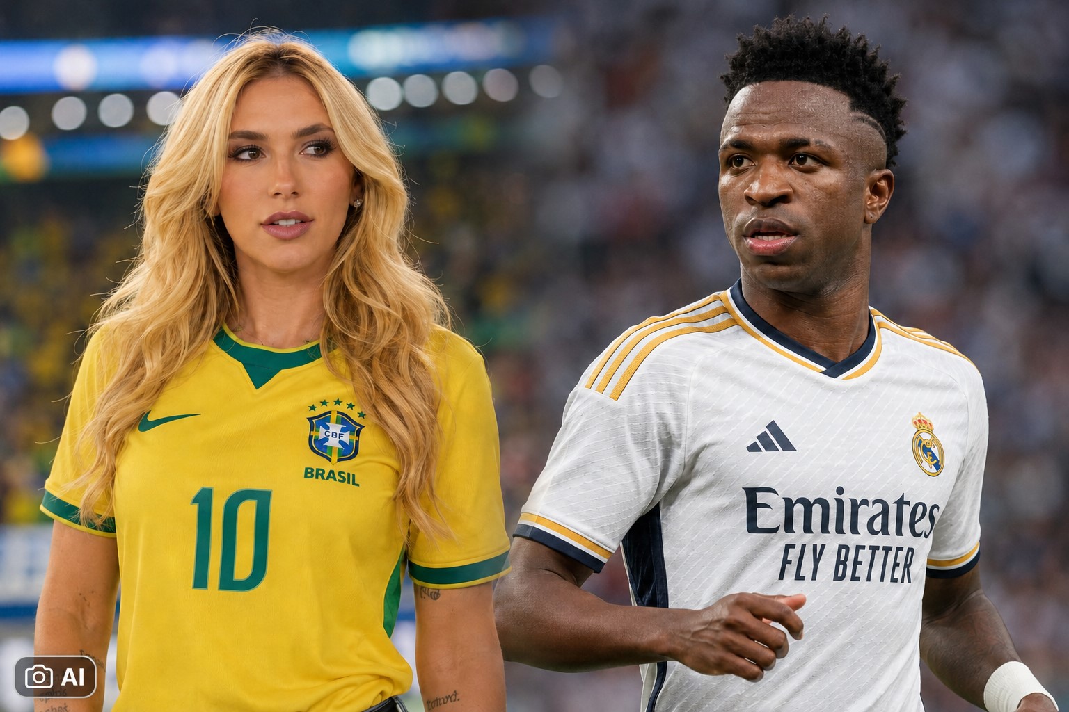 Montagem editorial gerada por IA representa Vini Jr. e Virginia Fonseca em ambientes de estádio de futebol.
