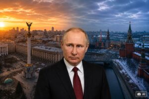 Ilustração fotográfica ultra-realista gerada por IA mostra Vladimir Putin em primeiro plano, com Kiev e Moscou ao fundo em composição dividida.