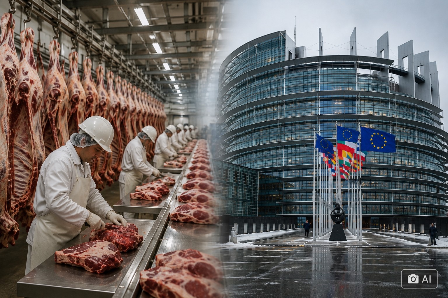 Ilustração fotográfica ultra-realista gerada por IA mostra frigorífico e sede da União Europeia em composição dividida.