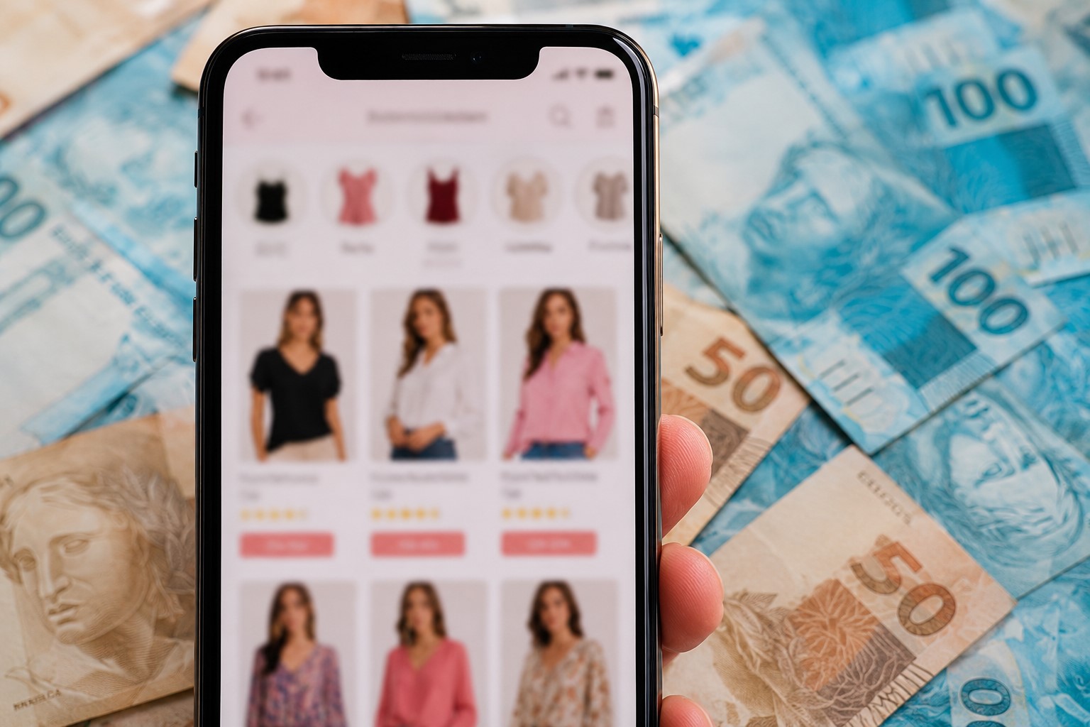 Montagem fotográfica editorial gerada por IA mostra um smartphone com tela de compras online de roupas femininas, diante de cédulas de real em composição alusiva a consumo e custos de importação.