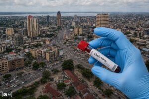 Montagem gerada por IA mostra vista de Kinshasa com tubo de testagem de ebola em primeiro plano.