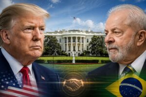 Montagem fotográfica ultrarrealista gerada por IA mostra Donald Trump e Lula com a Casa Branca ao fundo.