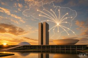 Montagem editorial gerada por IA representa a Praça dos Três Poderes com mapa do Brasil e conexões simbólicas.