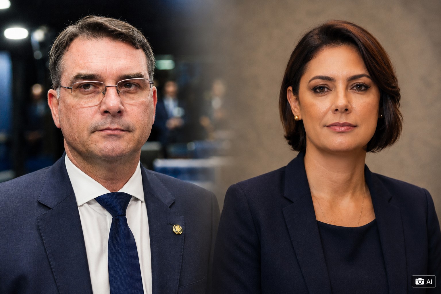 Montagem fotográfica ultrarrealista mostra Flávio Bolsonaro à esquerda e Michelle Bolsonaro à direita em contexto político.