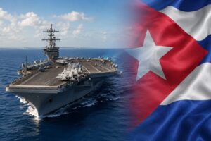 Montagem fotográfica editorial gerada por IA mostra o porta-aviões USS Nimitz à esquerda e a bandeira de Cuba à direita.
