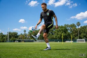 Ilustração fotográfica ultrarrealista gerada por IA representa Neymar em treinamento com a Seleção Brasileira, em campo de futebol sob céu aberto.