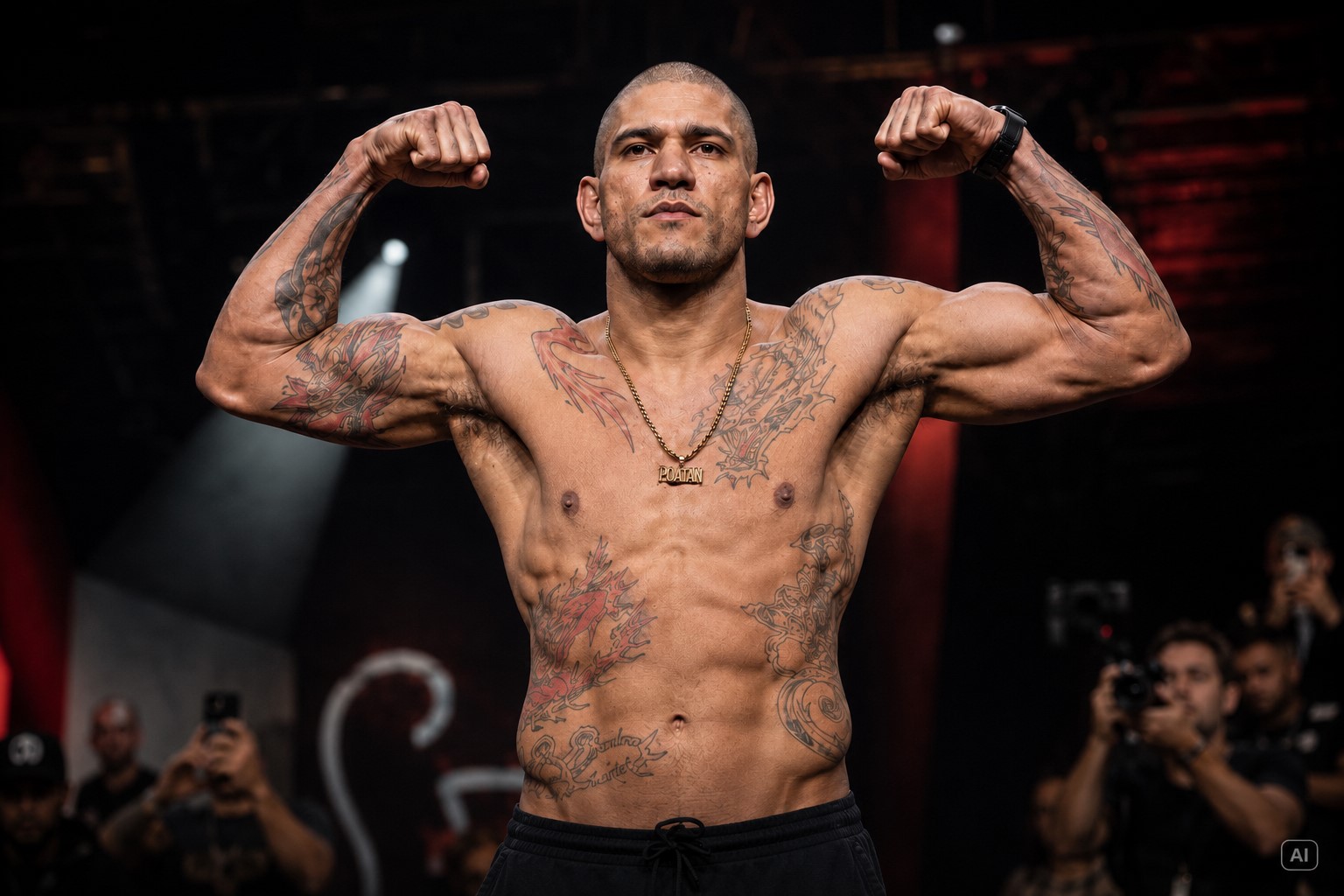 Ilustração fotográfica ultrarrealista gerada por IA representa o lutador de MMA Alex Poatan em momento de pesagem, com fundo desfocado de evento esportivo.