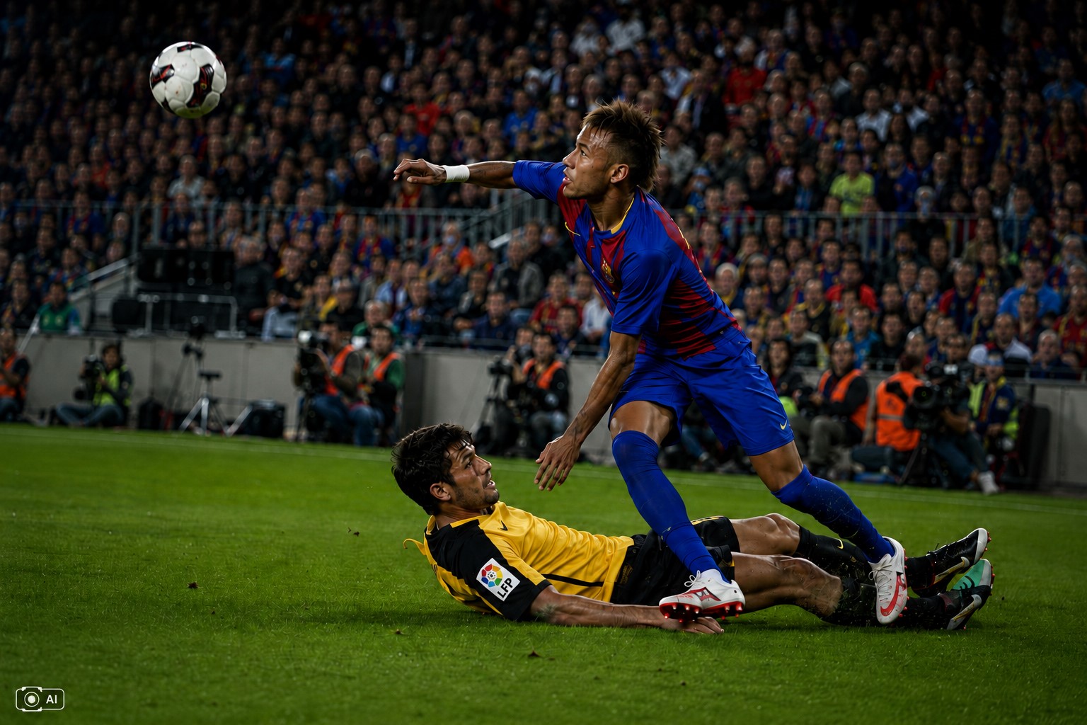 Ilustração fotográfica ultra-realista gerada por IA mostra Neymar em lance contra um marcador do Málaga, em reconstrução visual inspirada em um dos dribles mais lembrados de sua carreira pelo Barcelona.