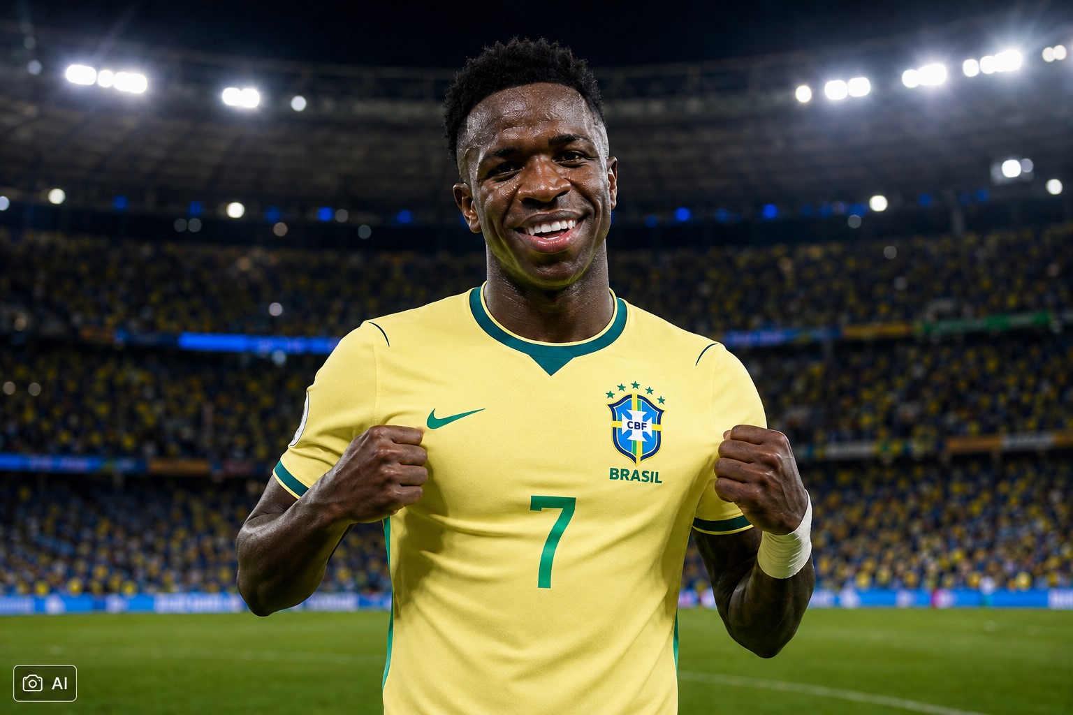 Ilustração fotográfica ultra-realista gerada por IA mostra Vini Júnior segurando a camisa da Seleção Brasileira em primeiro plano, com fundo alusivo a um estádio de futebol iluminado.