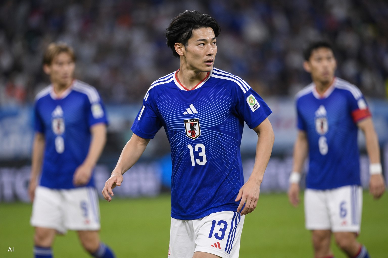 Keito Nakamura em campo com a camisa da seleção do Japão durante partida de futebol, em imagem ilustrativa gerada por IA.