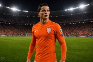 Ilustração fotográfica hiperrealista gerada por IA representa Ibrahim Afellay em estádio de futebol, com uniforme laranja da Holanda.