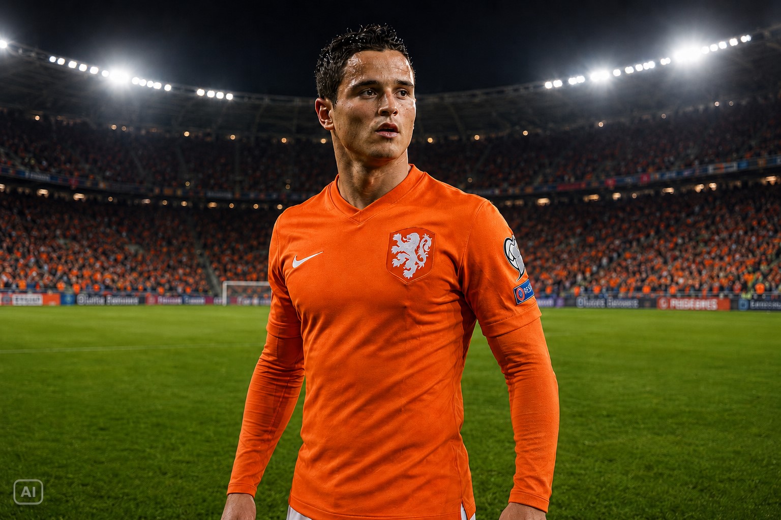 Ilustração fotográfica hiperrealista gerada por IA representa Ibrahim Afellay em estádio de futebol, com uniforme laranja da Holanda.