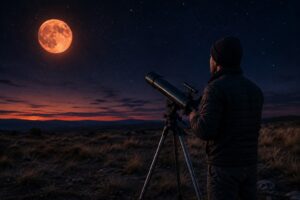 Ilustração fotográfica ultrarrealista gerada por IA mostra um homem observando a Lua de Morango com um telescópio em área aberta.