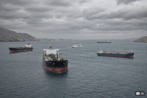 Imagem ultrarrealista fotográfica do Estreito de Ormuz, gerada por IA, mostra a rota marítima com embarcações sob céu nublado em composição ilustrativa para contextualização de notícia.