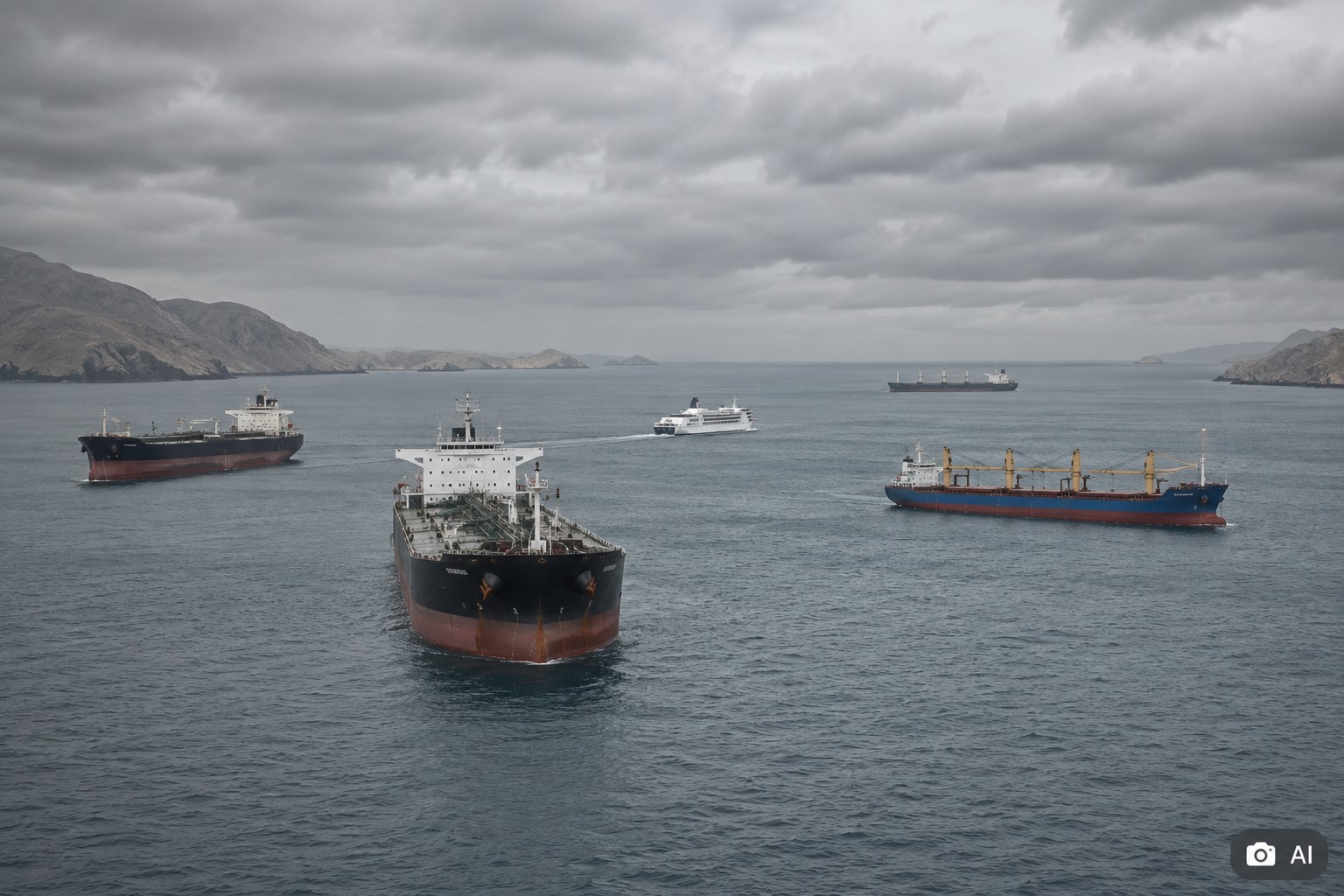 Imagem ultrarrealista fotográfica do Estreito de Ormuz, gerada por IA, mostra a rota marítima com embarcações sob céu nublado em composição ilustrativa para contextualização de notícia.