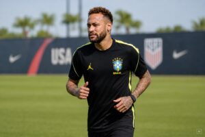 Ilustração fotográfica ultrarrealista gerada por IA representa Neymar em momento de treinamento em gramado nos Estados Unidos.