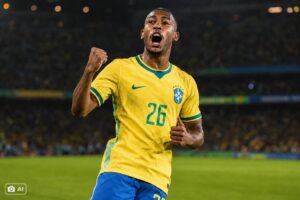 Ilustração fotográfica ultra-realista gerada por IA representa Rayan, jogador brasileiro, celebrando em estádio com a camisa da seleção.