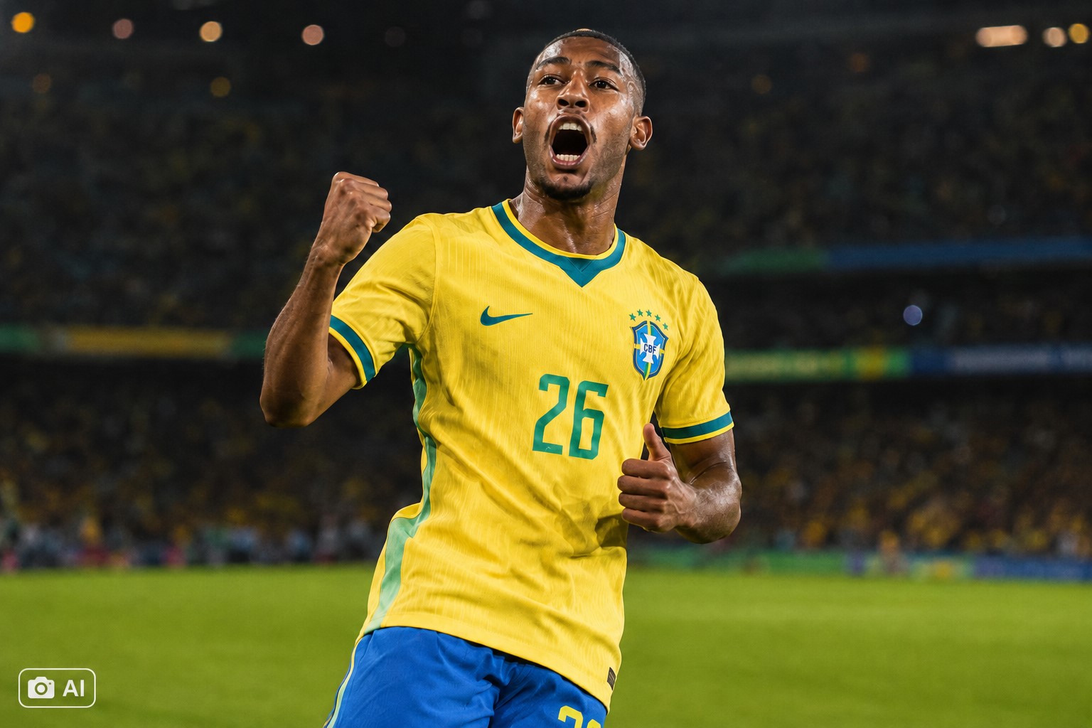 Ilustração fotográfica ultra-realista gerada por IA representa Rayan, jogador brasileiro, celebrando em estádio com a camisa da seleção.