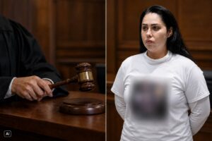 Montagem editorial mostra, à esquerda, cena simbólica de julgamento gerada por IA e, à direita, imagem adaptada por IA de Monique Medeiros em ambiente alusivo a tribunal.