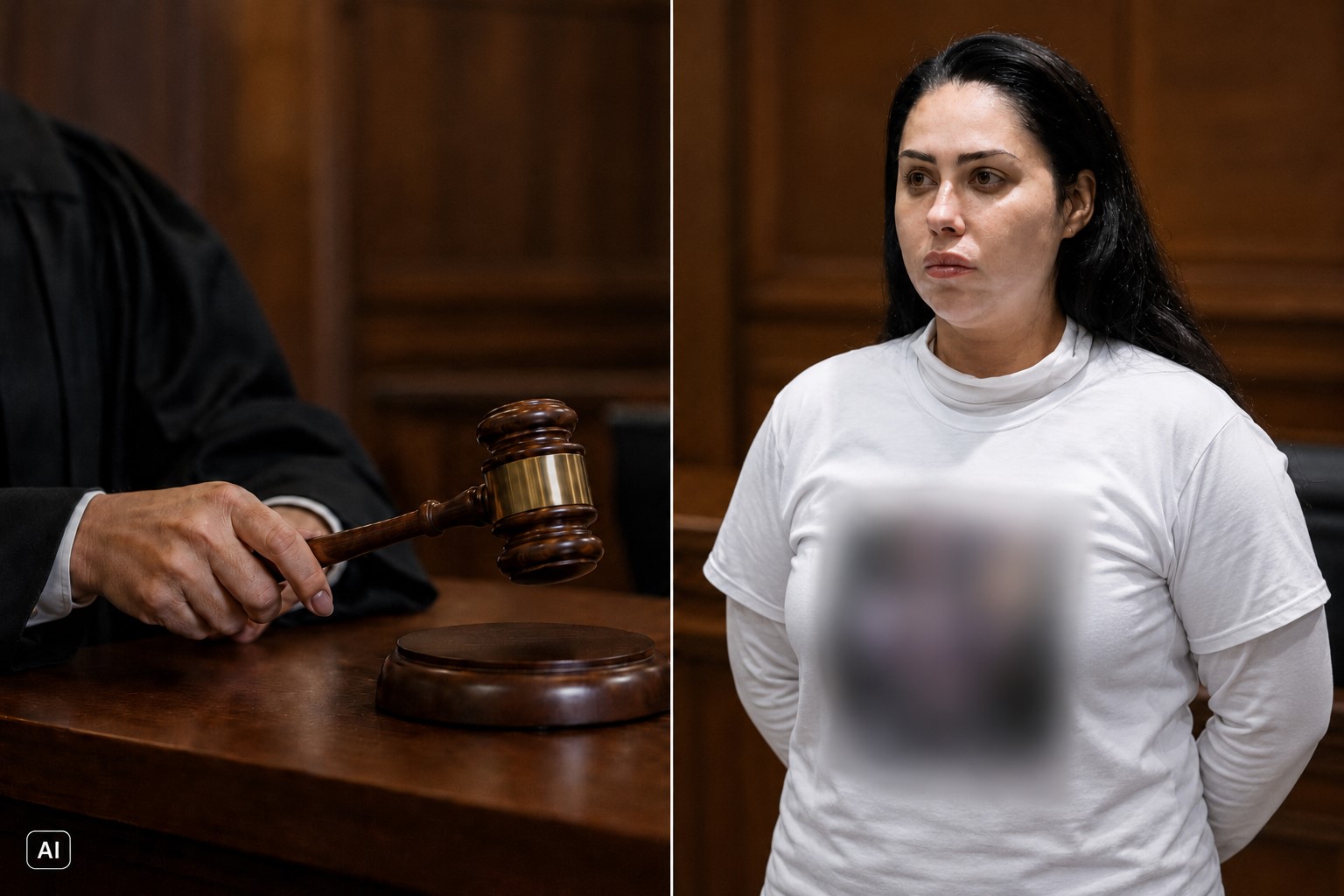 Montagem editorial mostra, à esquerda, cena simbólica de julgamento gerada por IA e, à direita, imagem adaptada por IA de Monique Medeiros em ambiente alusivo a tribunal.