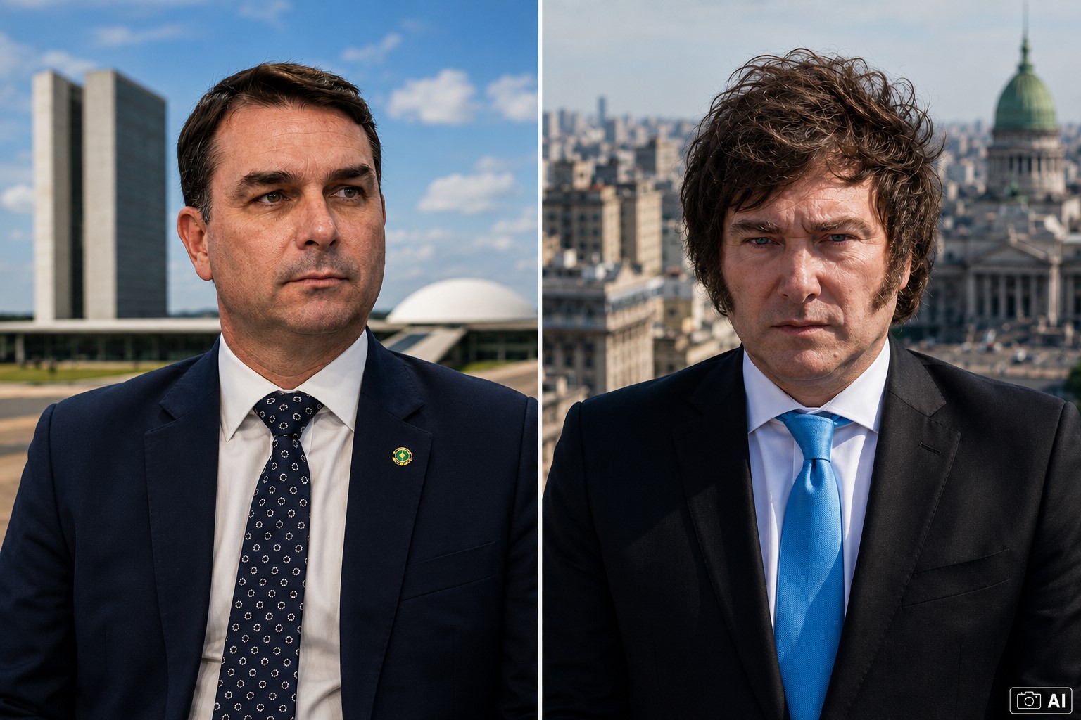 Montagem fotográfica gerada por IA mostra Flávio Bolsonaro à esquerda e Javier Milei à direita, com cenários alusivos ao Brasil e à Argentina.