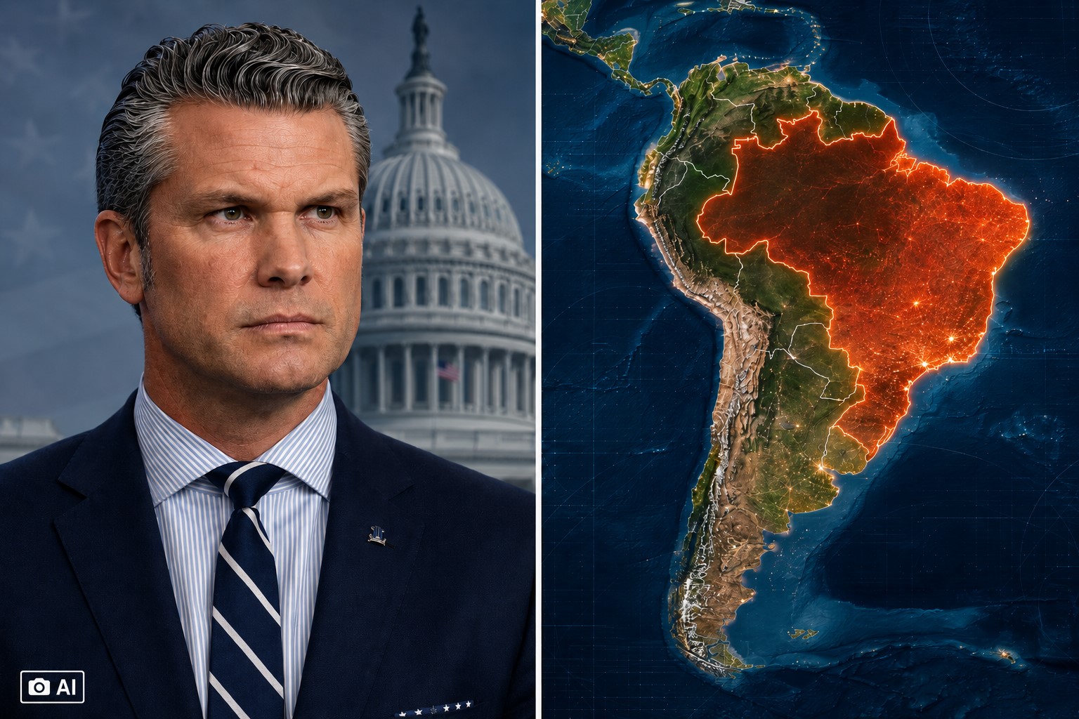 Montagem fotográfica editorial ilustrativa gerada por IA mostra Pete Hegseth, secretário de Defesa dos Estados Unidos, à esquerda, e um mapa da América do Sul sob tensão à direita.