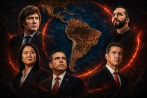Montagem ilustrativa editorial gerada por IA mostra o mapa da América do Sul ao centro, cercado por um círculo incandescente, com líderes políticos ao redor.