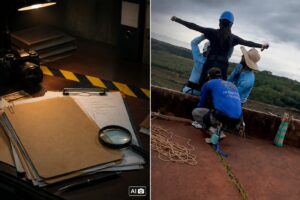 Imagem mista mostra, à esquerda, uma composição conceitual de investigação gerada por IA e, à direita, um frame de vídeo otimizado e reenquadrado por IA com a cena do salto em ponte.