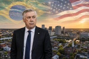 Montagem fotográfica editorial gerada por IA mostra vista semiaérea de Nova Jersey com Carlo Ancelotti sobreposto e bandeiras do Brasil e dos Estados Unidos no céu.