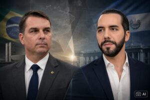 Montagem editorial gerada por IA mostra Flávio Bolsonaro à esquerda e Nayib Bukele à direita, com elementos visuais alusivos ao Brasil e a El Salvador ao fundo.